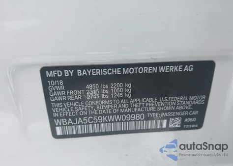 2019 BMW 530I from USA, damaged, VIN WBAJA5C59KWW09980